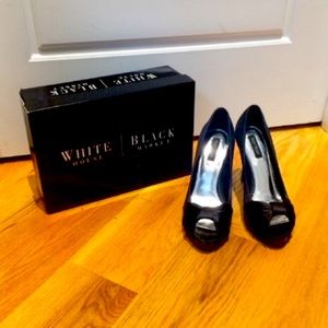 WHBM Black Satin Peep-Toe Pumps